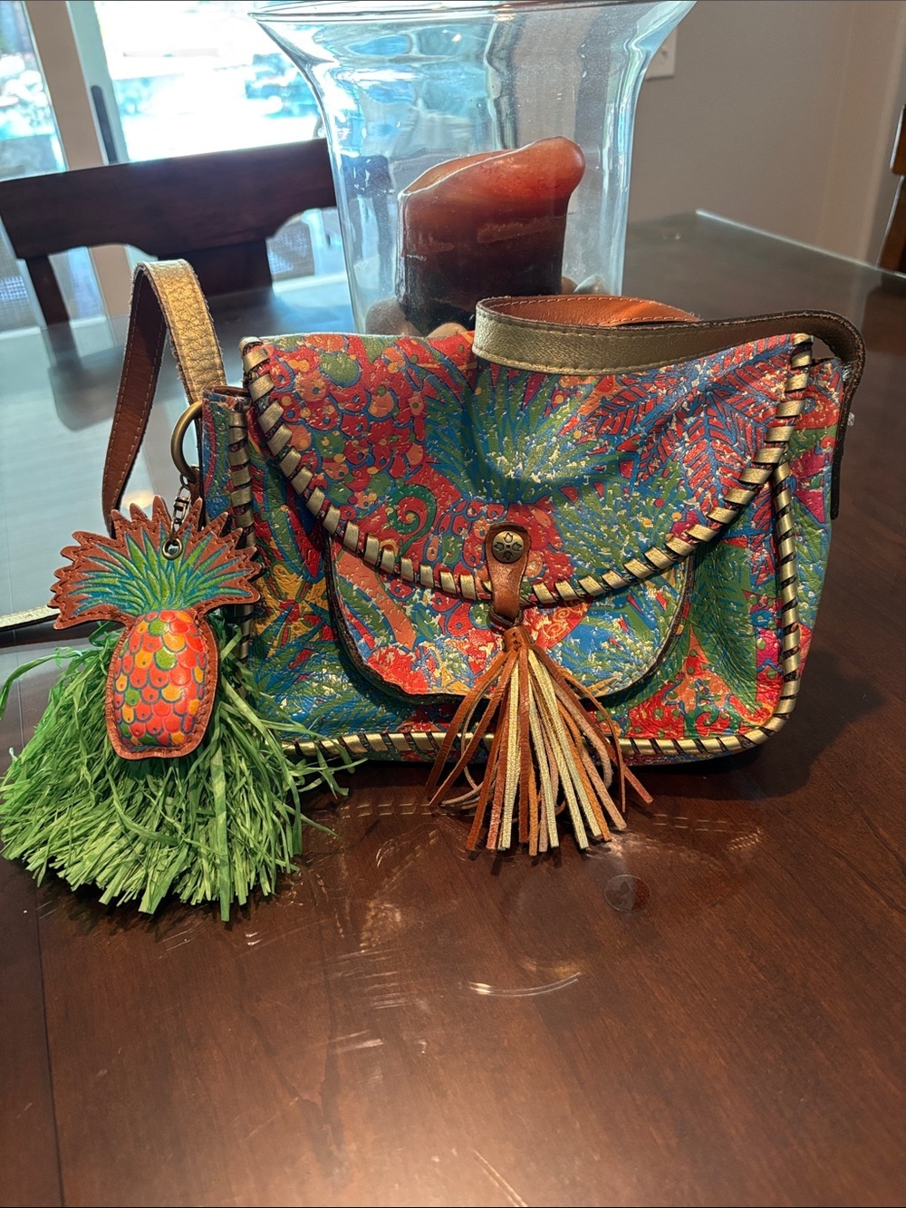 Patricia Nash Multicolor Tropical Print Crossbody with Pineapple Tassel